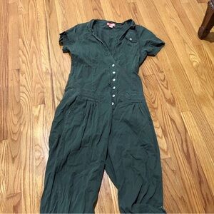 Vintage short sleeve Khaki Jumpsuit Pant Cuffs with pockets